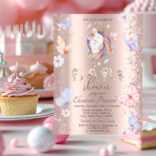 Glitter Confetti Unicorn Butterflies Baby Shower Invitation