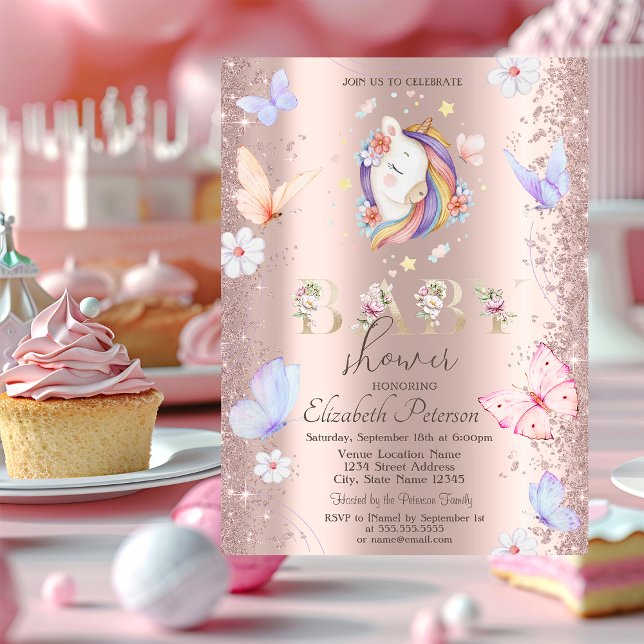 Glitter Confetti Unicorn Butterflies Baby Shower Invitation (Creator Uploaded)