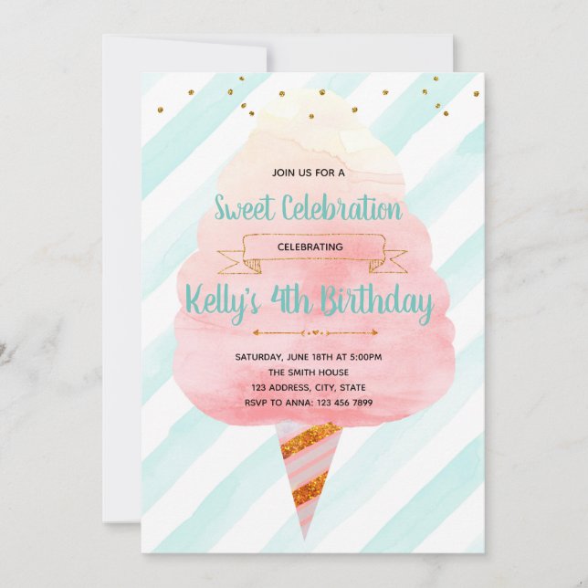 Glitter cotton candy party invitation (Front)