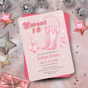 Glitter Cowgirl Pink Bow Boots Sweet 16 Invitation