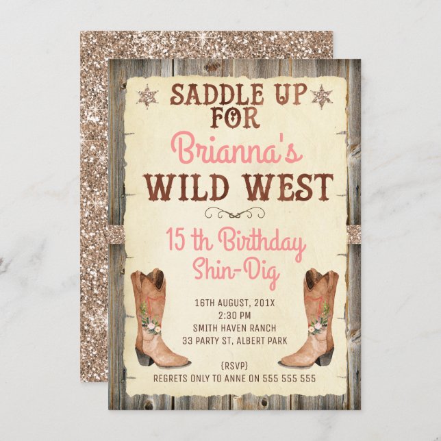 Glitter Cowgirl Wild West Birthday Invitation (Front/Back)