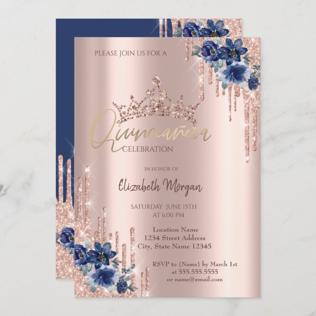  Glitter Crown Drop Blue Flowers Quinceañera   Invitation (Front/Back)
