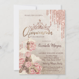  Glitter Crown Floral Eiffel Tower Quinceañera   Invitation
