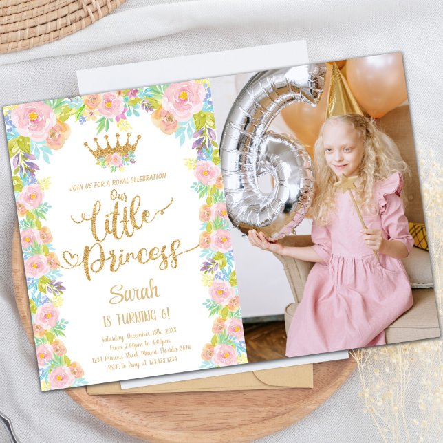 Glitter Crown Floral Princess Birthday Photo Invitation (Glitter Crown Floral Princess Birthday Photo Invitation)