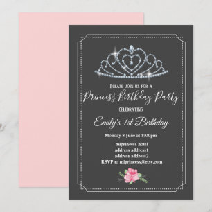 glitter crown, princess, princess girl birthday invitation