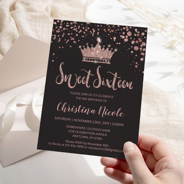 Glitter Crown Rose Gold Grey Confetti Sweet 16 Invitation (Creator Uploaded)