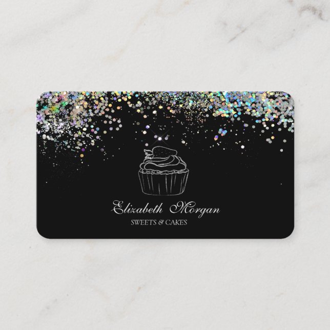 Glitter Cupcake Colourful Confetti, Black  Business Card (Front)