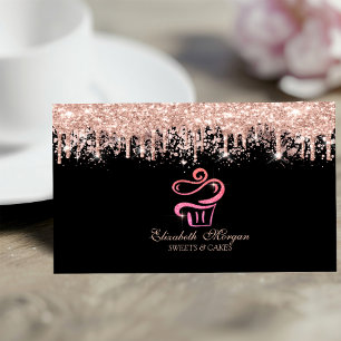 Glitter Cupcake Rose Gold Drips Bakery Black Business Card