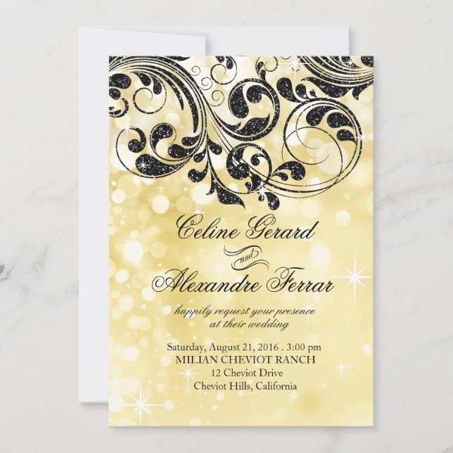 Glitter Curlicues on Faux Metallic Bokeh gold Invitation (Front)