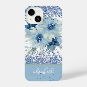Glitter Custom Blue Floral Personalised Name iPhone 14 Case