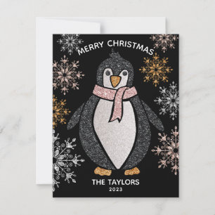 Glitter Cute Penguin Christmas Family  Card