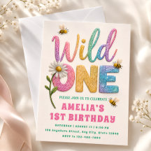 Glitter Daisy Bumble Bee 1st Birthday Party Invite