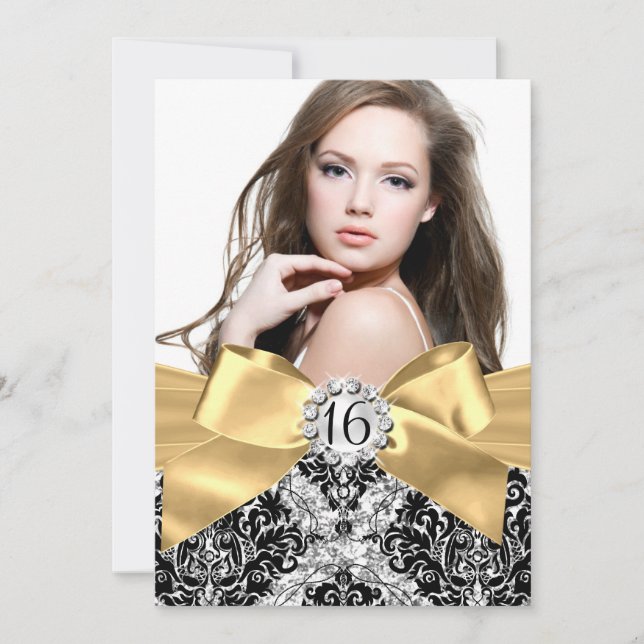 Glitter Damask & Gold Bow Sweet 16 Photo Invite (Front)