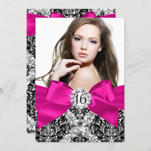 Glitter Damask Hot Pink Bow Sweet 16 Photo Invitation