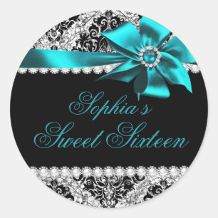 Glitter Damask & Jewel Teal Bow Sweet 16 Sticker