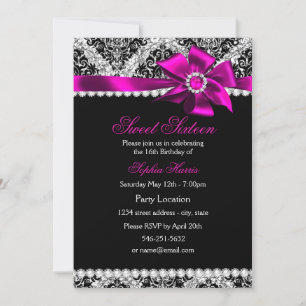 Glitter Damask & Pink Jewel Bow Sweet 16 Invite