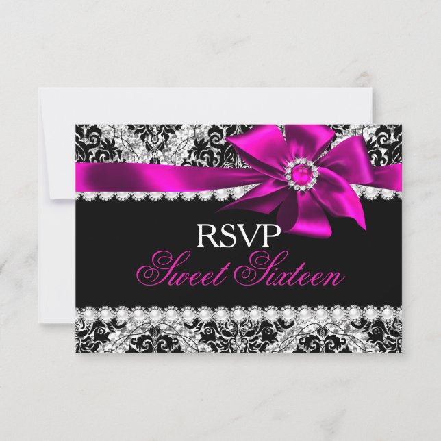 Glitter Damask & Pink Jewel Bow Sweet 16 RSVP (Front)