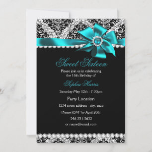 Glitter Damask & Teal Jewel Bow Sweet 16 Invite