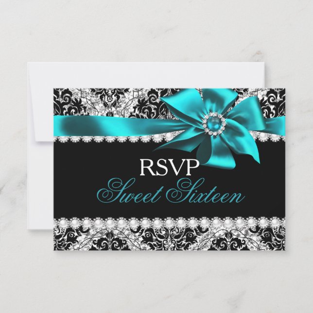Glitter Damask & Teal Jewel Bow Sweet 16 RSVP Card (Front)