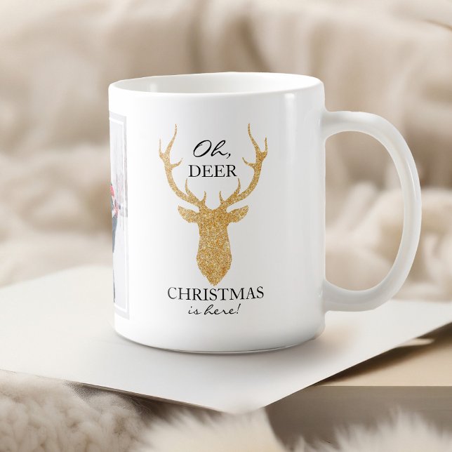 Glitter Deer Oh Deer Christmas is Here Coffee Mug ("Oh, deer Christmas is here." Enjoy this modern design with a faux glitter gold deer head silhouette)