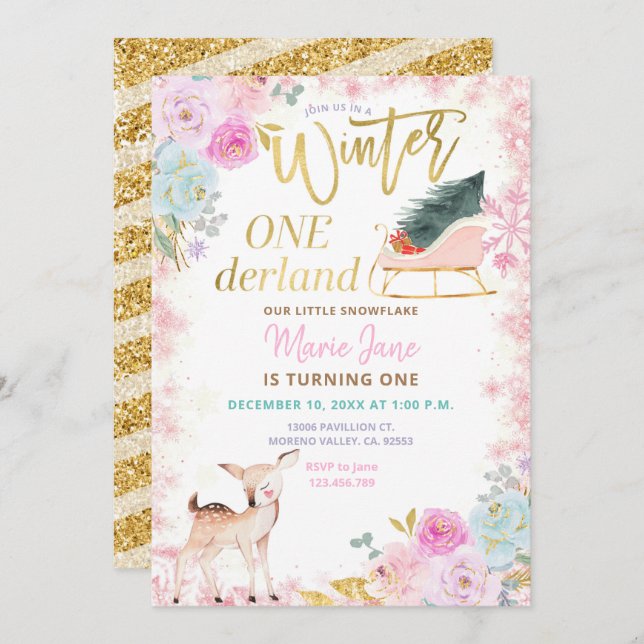 Glitter Deer Pink Winter Onederland Birthday  Invitation (Front/Back)