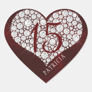 Glitter diamonds heart burgundy quinceanera sticker