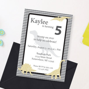 Glitter Dinosaur Trex Girl Birthday Invitation