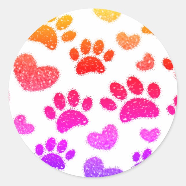 Glitter Dog Paw Prints And Hearts Classic Round Sticker (Front)