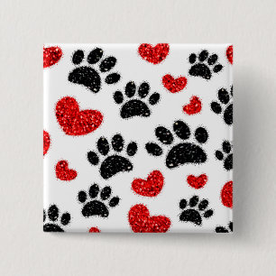 Glitter Dog Paw Prints And Red Hearts 15 Cm Square Badge