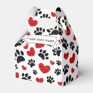 Glitter Dog Paw Prints And Red Hearts Custom Name Favour Box