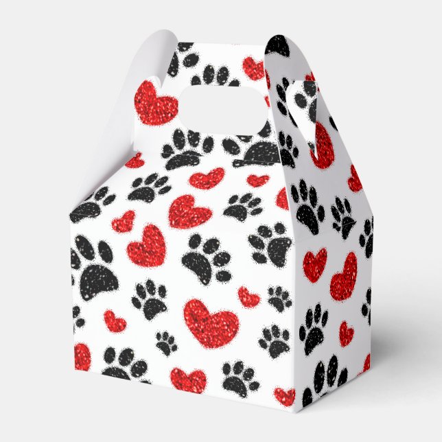 Glitter Dog Paw Prints And Red Hearts Favour Box (Front Side)