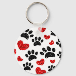 Glitter Dog Paw Prints And Red Hearts Key Ring
