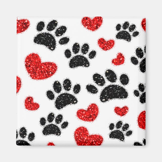 Glitter Dog Paw Prints And Red Hearts Magnet (Front)