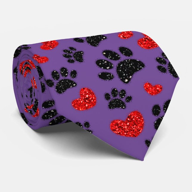 Glitter Dog Paw Prints And Red Hearts Purple Tie (Rolled)