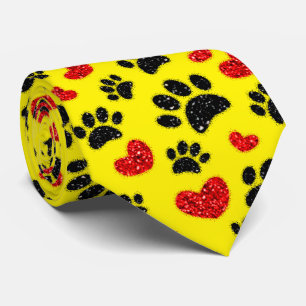 Glitter Dog Paw Prints And Red Hearts Yellow Tie