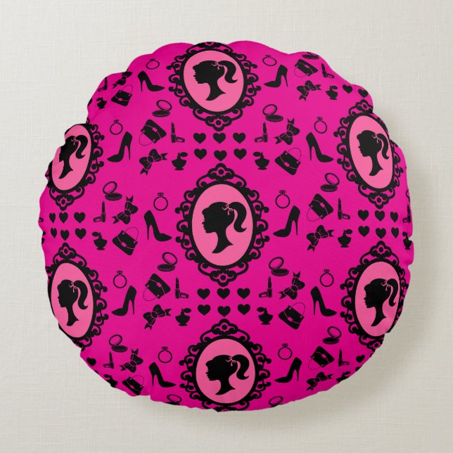 Glitter Doll Birthday Pink Glam Fashion  Round Cushion (Front)