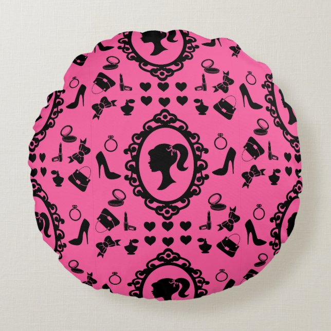Glitter Doll Birthday Pink Glam Fashion  Round Cushion (Front)