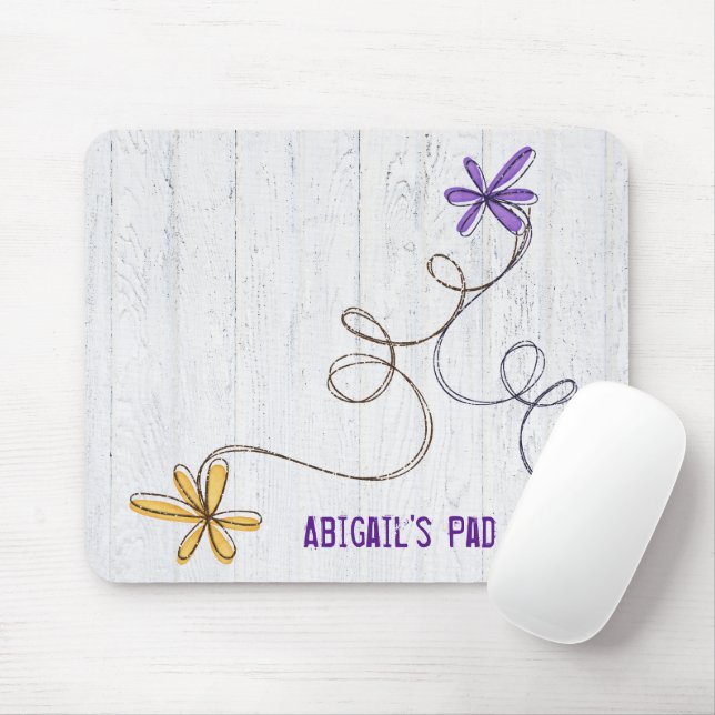 Glitter Doodle Daisies Wood Mouse Pad (With Mouse)