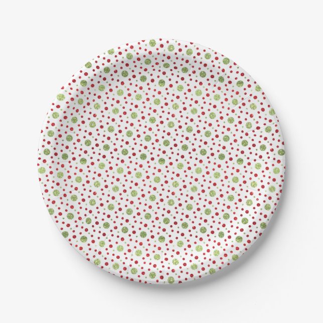 Glitter Dots in Christmas Red and Green Glitter Paper Plate (Front)