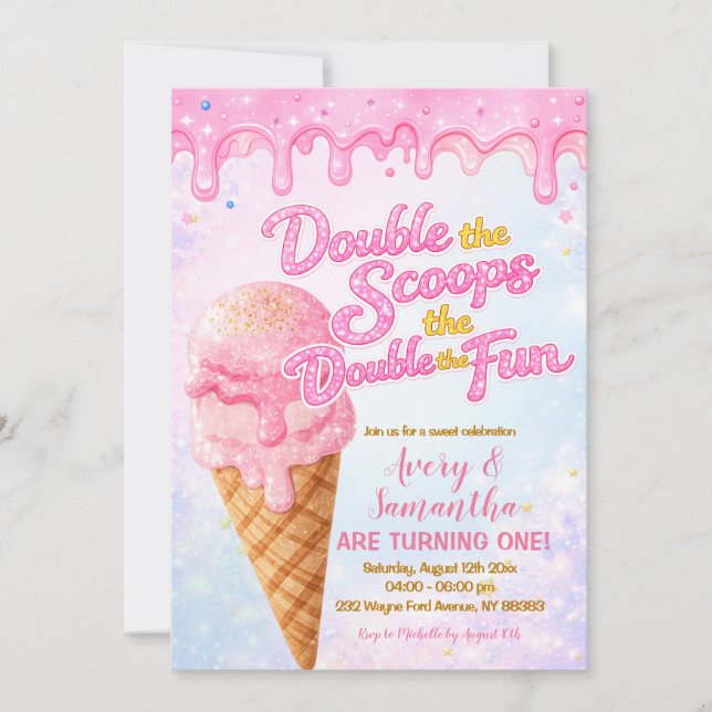 Glitter Double the Scoops Birthday Pastel Sparkle Invitation (Front)