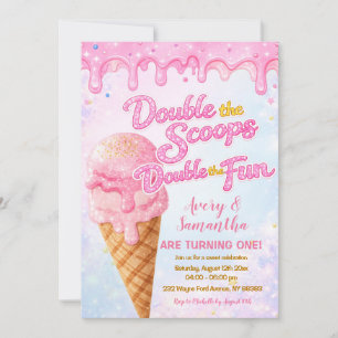 Glitter Double the Scoops Birthday Pastel Sparkle Invitation