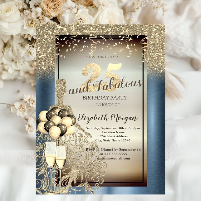 Glitter Dress,Balloons,Blue Metallic 25th Birthday Invitation (Creator Uploaded)