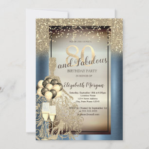 Glitter Dress,Balloons,Blue Metallic 80th Birthday Invitation