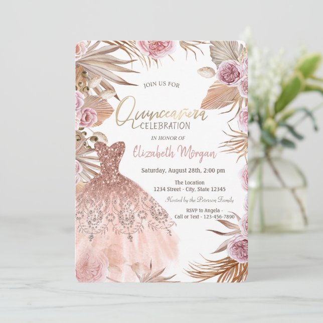 Glitter Dress Boho Flowers Quinceañera  Invitation (Standing Front)