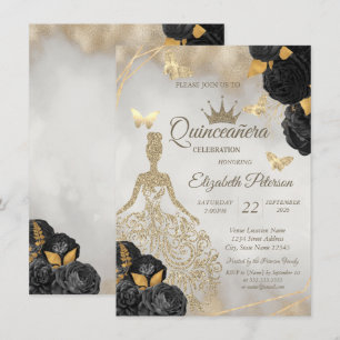 Glitter Dress,Butterfly Black Roses Quinceañera Invitation