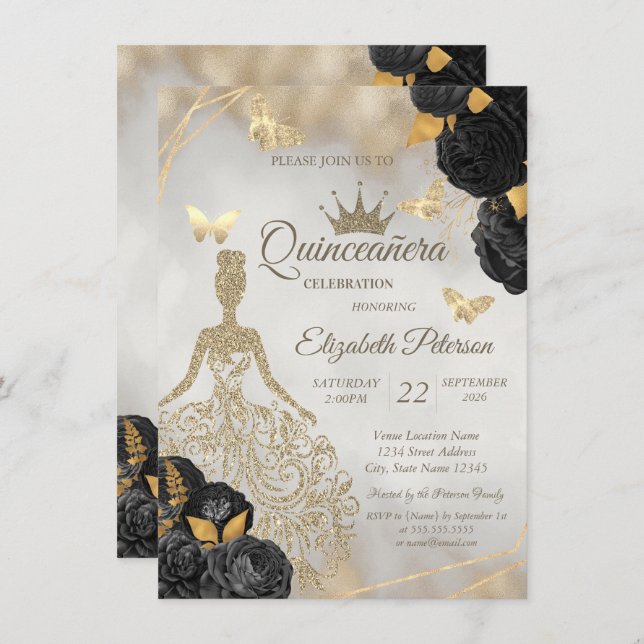 Glitter Dress,Butterfly Black Roses Quinceañera Invitation (Front/Back)