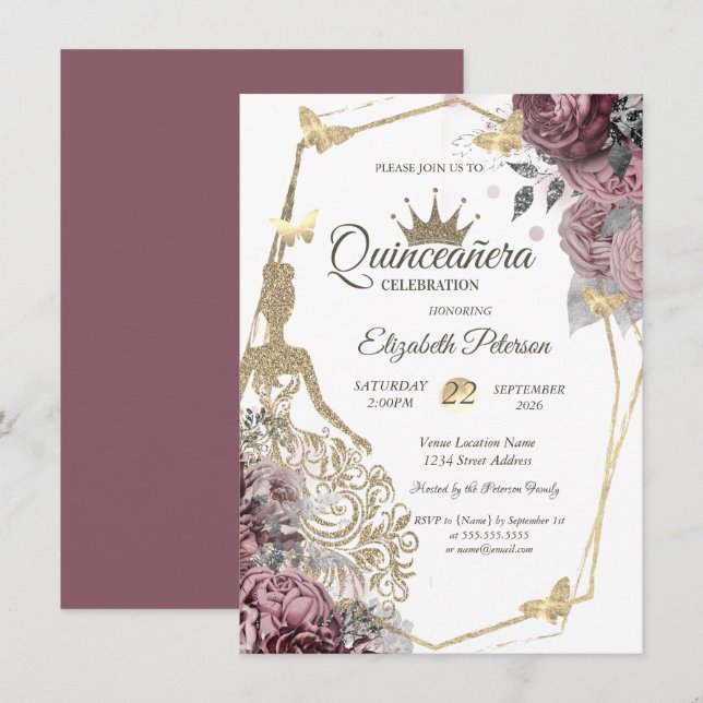 Glitter Dress,Butterfly Chic Roses Quinceañera Invitation (Front/Back)