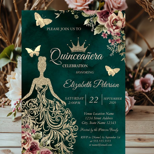 Glitter Dress,Butterfly Floral Green Quinceañera Invitation (Creator Uploaded)