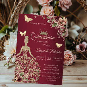 Glitter Dress,Butterfly Floral Red Quinceañera Invitation
