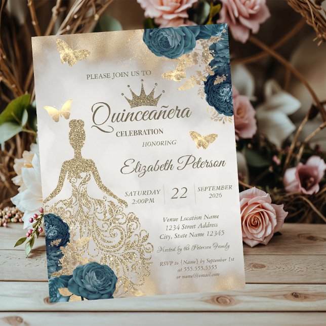 Glitter Dress,Butterfly Green Roses 15th Birthday Invitation (Creator Uploaded)